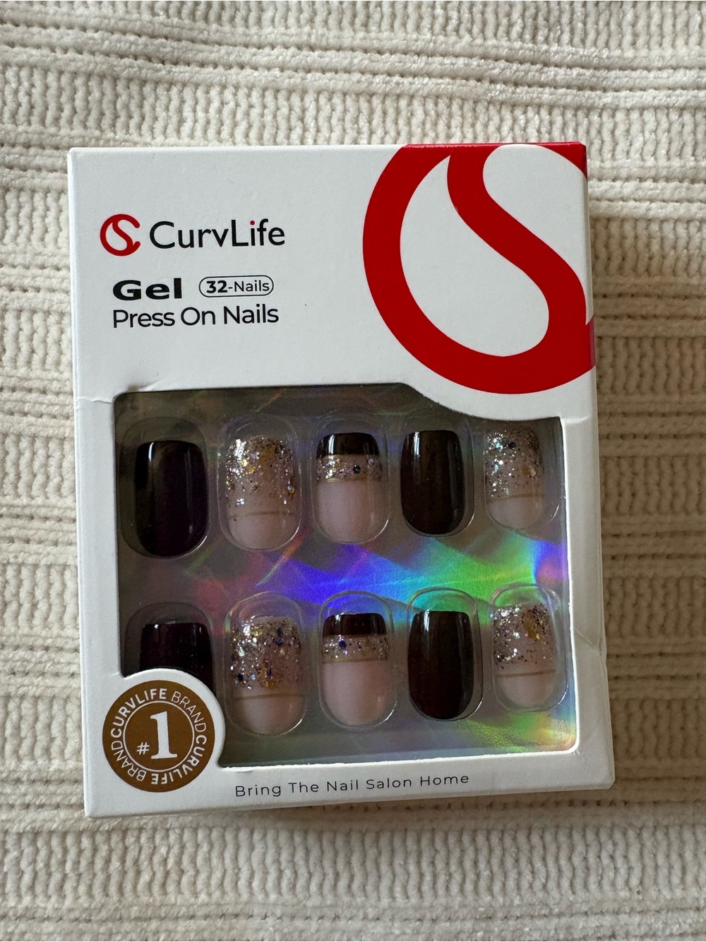 Curvlife Gel Press-On Nails in Brown & Nude with Glitter Accent